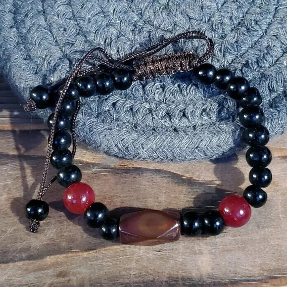Handcrafted Tibetan Red Amber Dzi Agate Beads Healing Energy Gemstone Bracelet - Picture 3 of 5